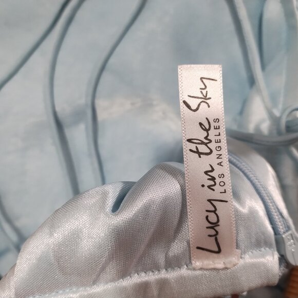 Lucy in the Sky-Blue Satin Maxi Dress with Slit-Open Back-Corset Lace Up-Sz S/M - Picture 7 of 11